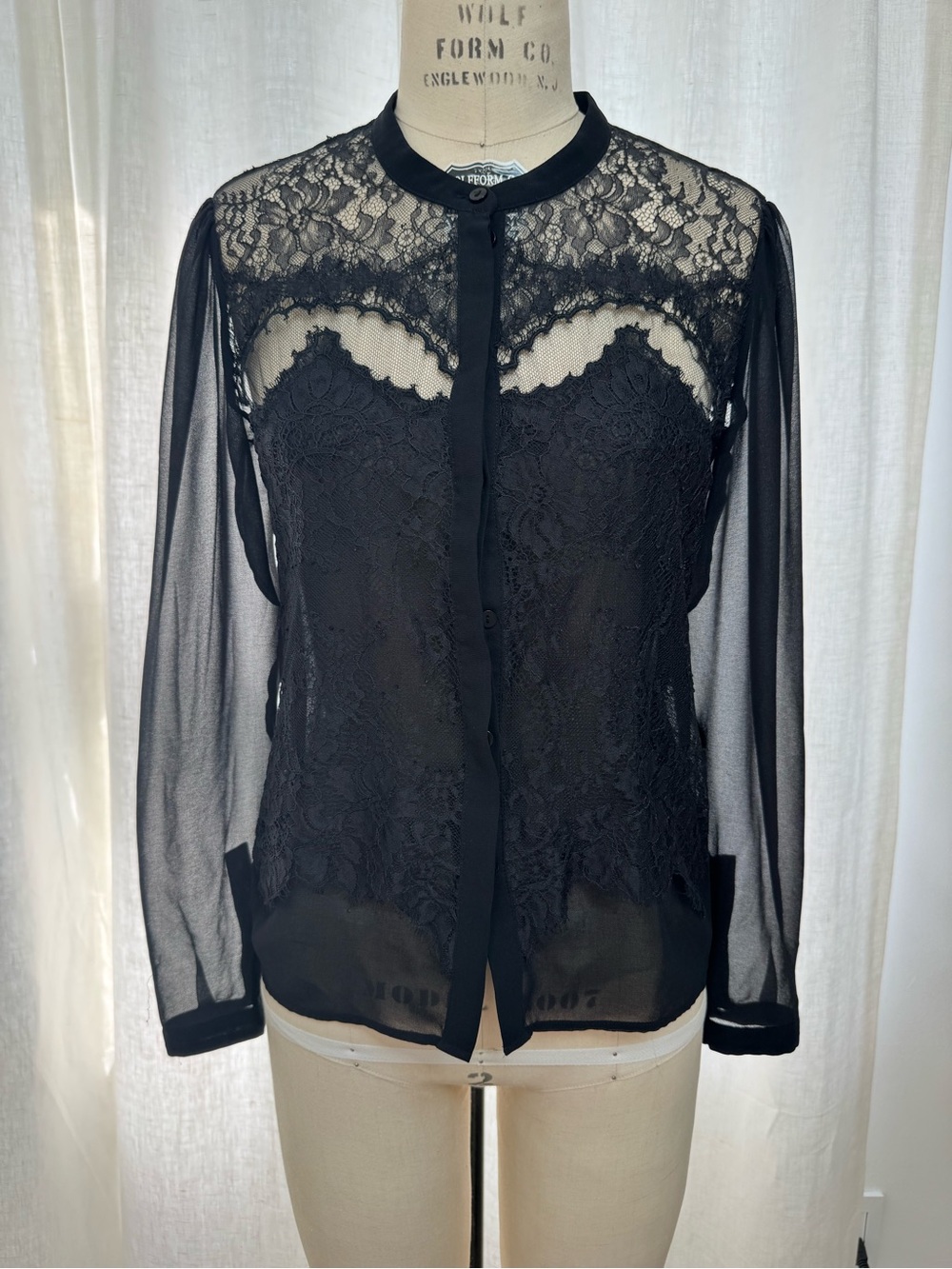The Kooples Black Lace & Sheer Button-Front Blouse